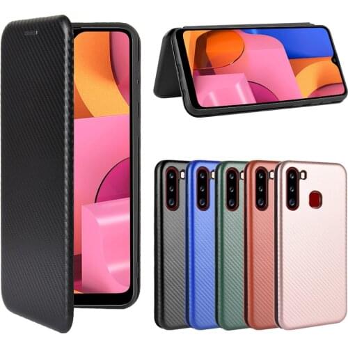For Samsung Galaxy A21 Case 6.5 inch Carbon Fiber Flip Leather Case For Samsung GalaxyA21 A 21 Case Cover