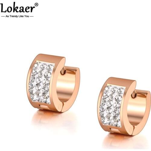 Lokaer Trendy Mosaic Full Rhinestone Titanium Stainless Steel Hoop Earrings Rose Gold Crystal Ears Jewelry For Women Girl E19148