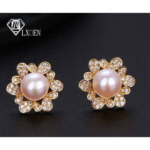 LXOEN Fashion Luxury Round Simulated-pearl Women Stud Earrings with Zirconia Korean Earrings India Jewelry Womens Accessories