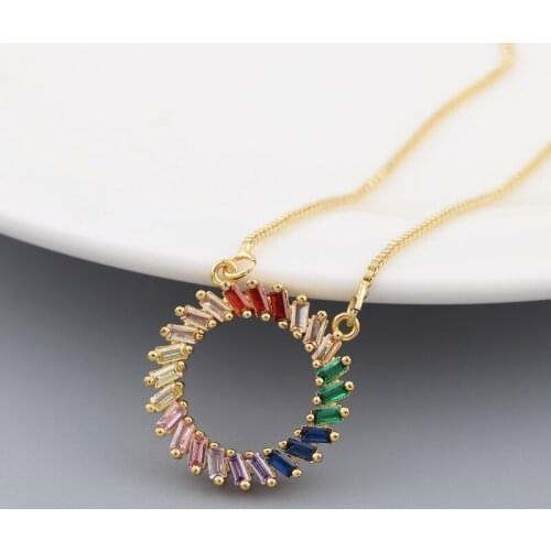 Copper Zircon Rainbow Circle Necklace Colorful Rhinestone Round Pendant Necklace Charm Christmas Birthday Party Jewelry Gift