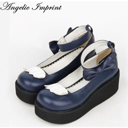 7cm Wedge Heel Sweet Lolita Shoes Navy Blue Leather Bowknot Ankle Strap Princess Girls Shoes