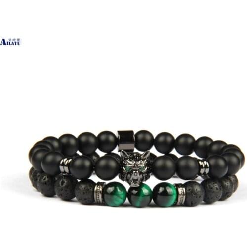 Ailatu Sets Jewelry Green Eye Wolf Beaded Energy Yoga Bracelet with 8mm Natural Matte Onyx & Lava Tiger Eye Stone Beads