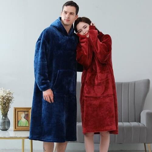 Night Female Nightgown Gown Winter Thick Warm Female Nightwear Couples TV Hoodie Blanket Hooded Outdoor Warmth