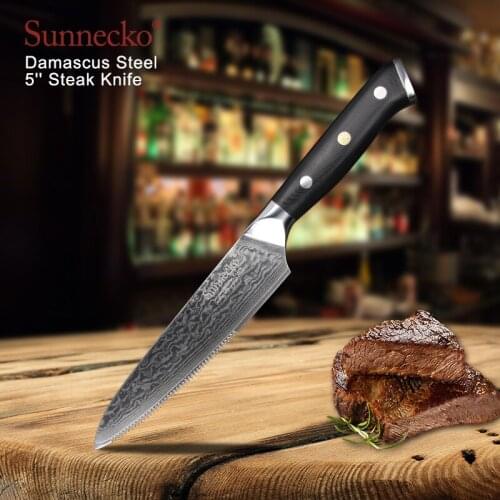 SUNNECKO Premium 5" inch Steak Knife Damascus Japanese VG10 Steel Blade Kitchen Knives G10 Handle Razor Sharp Meat Cutter Knives