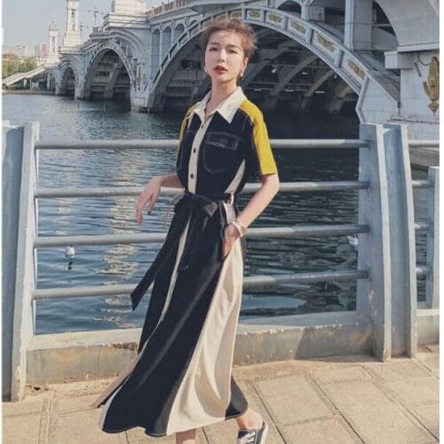 Contrast Stitching Dress 2021 Spring And Autumn New Korean French Design Small Crowd Long Skirt Cool Wind Tea Break Skirt