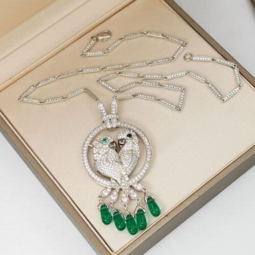 S925 sterling silver micro-set double necklace with green chalcedony pendant for women with water droplet evening dress