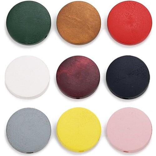 SAUVOO 30pcs 15/20/25/30mm Flat Natural Wood Beads Multicolor Round Spacer With Hole For Jewelry Making Handmade Woodwork