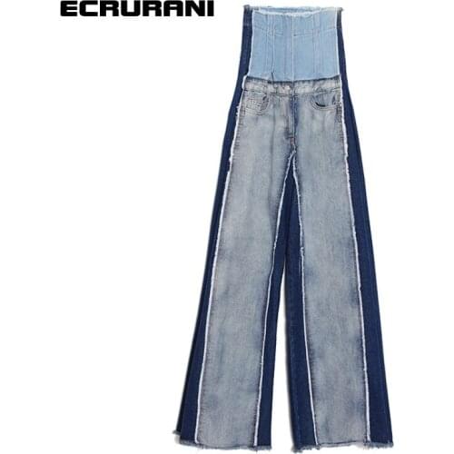 ECRURANI Blue Denim Patchwork Trousers For Women High Waist Button Hit Color Wide Leg Pants Females 2021 Clothing Fashion Style