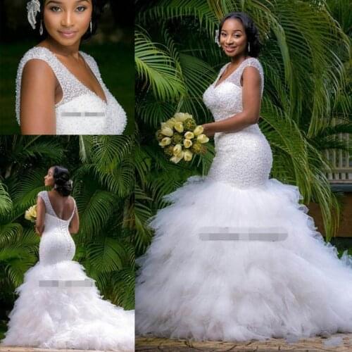 African Style Sequin Beading Mermaid Plus Size Wedding Dress for Black Girl Ruffles Tulle Bridal Gown Custom Wedding Dresses