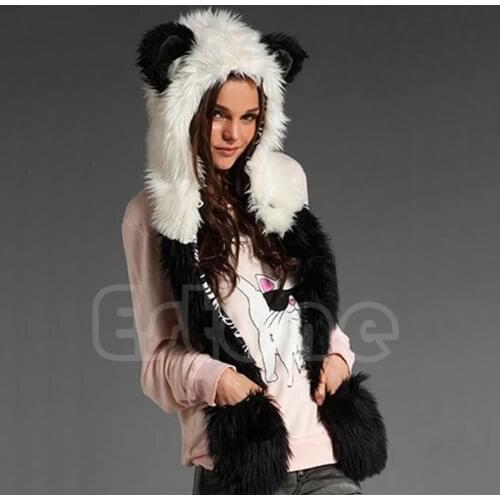 Animal Warm Winter Faux Fur Hat Fluffy Plush Cap Hood Shawl Scarf Glove Dint