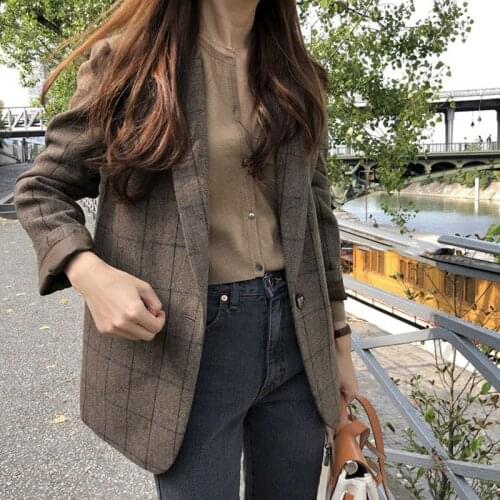 2021 Spring Loose Style Women Korean Suit Long Sleeve Fashion Business Plaid Office Lady Cashmere Coat Woolen Clothes Vintage