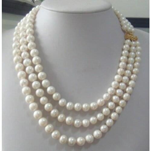 Natural AAA 9-10mm Triple Strands South Sea White Pearl Necklace 18-20" yellow Clasp