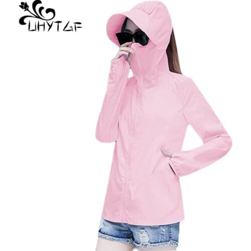 UHYTGF Hooded women sun protection clothing Anti-ultraviolet breathable wild summer coat Drive bike thin tops 2XL plus size 1475