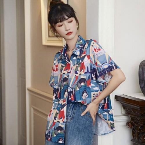 Women Printing Large Size Shirt Turn Down Collar Short Sleeve Loose Female Shirt All Match Summer 2021 New E057