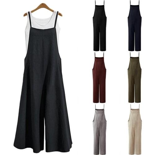 2021 Women Fashion Sleeveless Straps Jumpsuits Summer Wide Leg Trousers Solid Loose Rompers Ladies Casual Long Pants Overalls