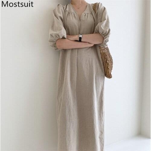Korean Cotton Linen Women Long Maxi Dress Summer Half Sleeve V-neck Loose Waist Dresses Casual Fashion Solid Loose Vestidos 2021