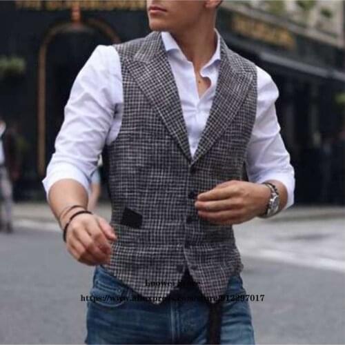 Mens Houndstooth Vest Vintage Gray Suits Jacket Vests Mens Casual Business Classic Groomsmen Waistcoats Wedding Homme Gilet