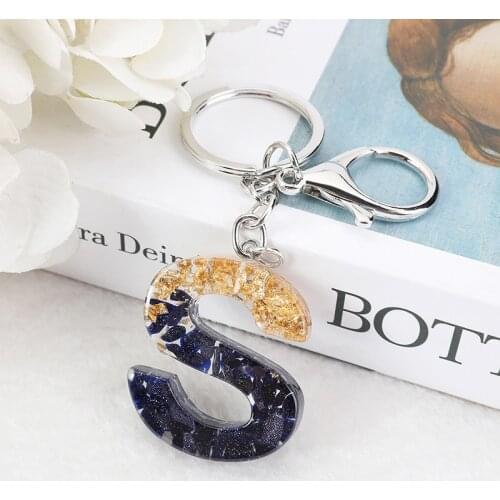 1Pc Black With Gold Alphabet Keychains English Letter Keyrings Glitter Gradient Resin Gold Leaf Crafts Car Mirror Handbag Charms