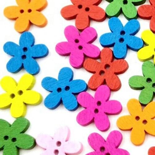 100Pcs Mixed Color Flower 2 Holes Wooden Sewing Craft Scrapbooking DIY Buttons