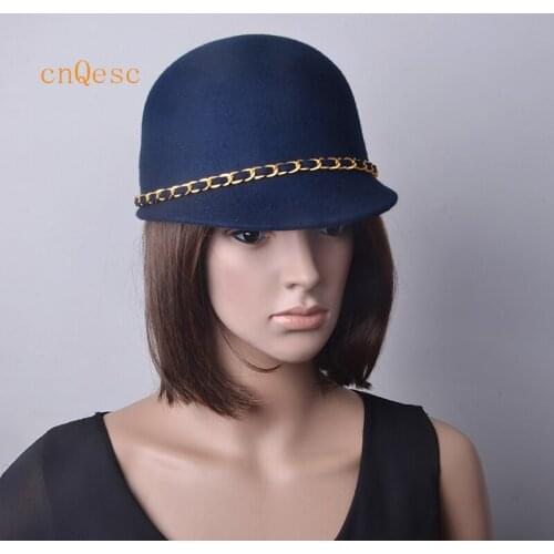 100% Ladies Fedoras hat Wool felt hat with gold metal chain for winter derby