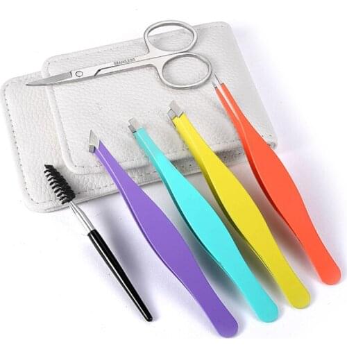 6 PCS Eyebrow Tweezers Stainless Steel Hair Removal Makeup Tool Kit with Bag Scissors Point Tip/Slant Tip/Flat Tip Pinzas Pincet