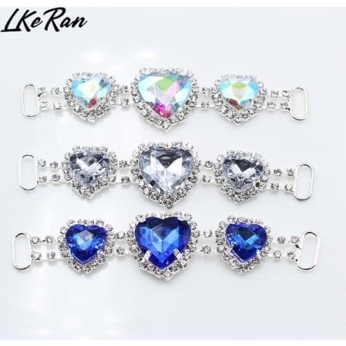 LKERAN 2Pc 2.2*8.5cm 13Color Heart Acrylic Rhinestone Bikini Connectors Buckle Copper Chain For Clothing/Beachwear/Wedding Decor