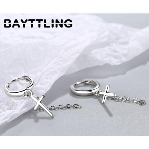 BAYTTLING 925 Sterling Silver Fashion Cross Pendant Earrings For Woman Tassel Link Chain Earrings Wedding Jewelry Gifts