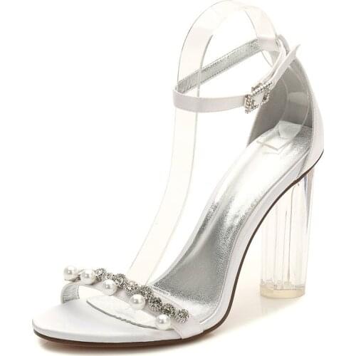 Clear Heels Satin Crystals Wedding Sandals Shoes Women Open Toe Ankle Buckle Strap Pearls Formal Party Dress Sandals