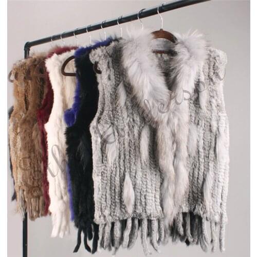 ETHEL ANDERSON Genuine Womens Rabbit Fur Vest Gilet Tassels Real Fur Coat Kintted Waistcoat Raccoon Fur Collar Outwear