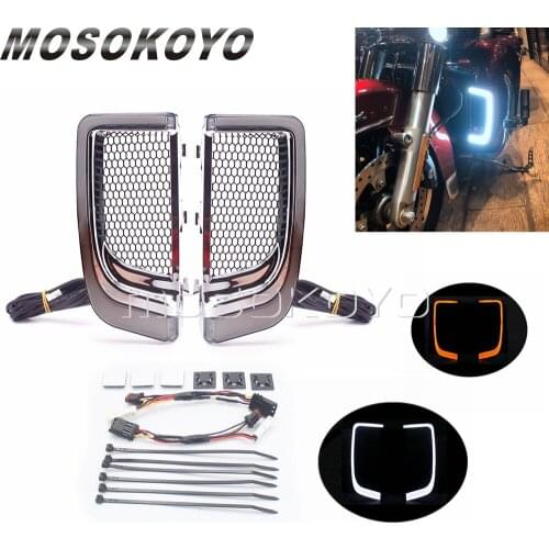 Chrome Motorcycle Front LED Turn Signal Fairing Lower Grill Running Light For Harley Touring CVO Road Street Electra Glide FLHTK