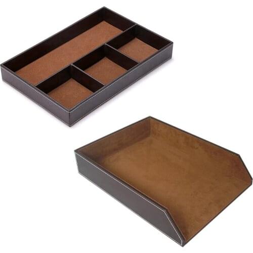 2PCS 4 Slots Desk Drawer Organizer with PU Leather Collection Letter Tray Brown Single Layer