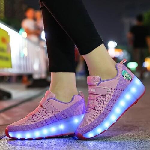 Size 28-40 Luminous Wheel Sneakers USB Charging Light Shoes LED Flashing Boys Girls Double Wheels Roller Skate Toddler Glowing