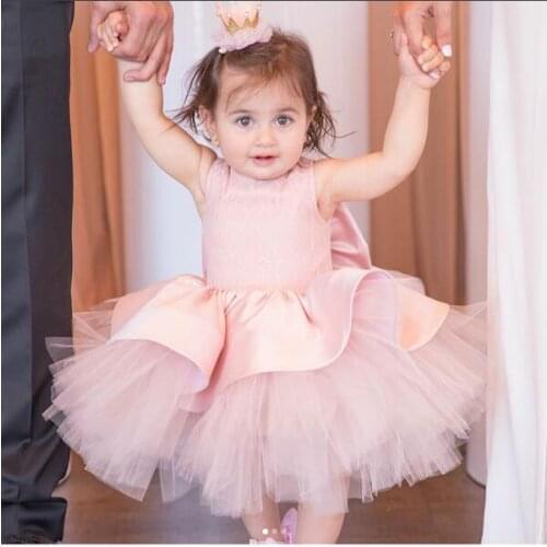 Little princess puffy dresses flower girl dress sleeveless baby infant first birthday party outfit with bow