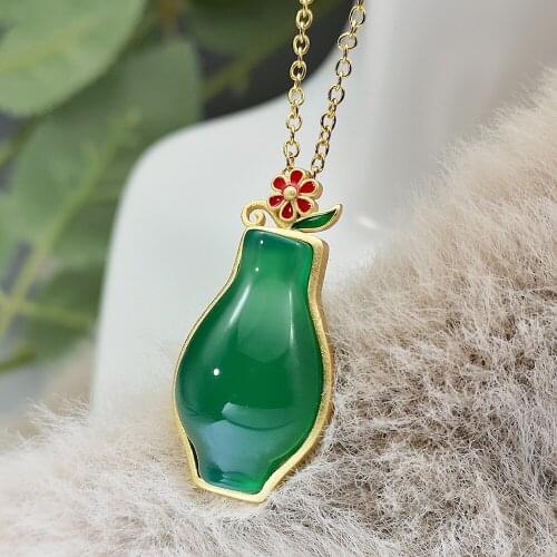 Fashion Inlaid Green Chalcedony Flower Vase Shape Pendant Necklace for Woman Ethnic Feature Dropshipping Jewelry Charm Gift