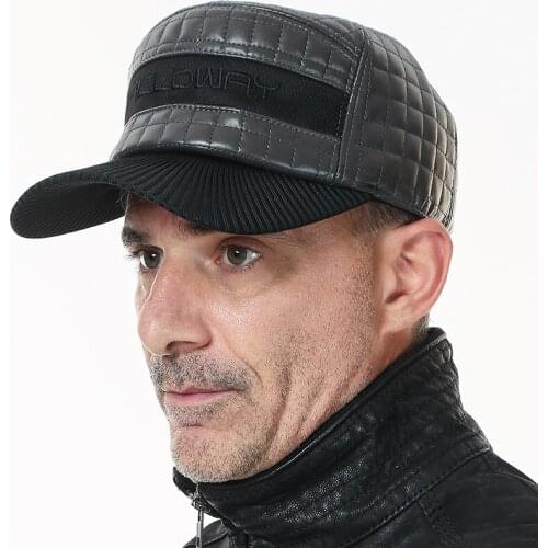 Mens Baseball Leather Hat Male Earmuffs Leather Hat Adult Thick Warm Leisure Cap Ear Protection Peaked Cap Adjustable B-7365