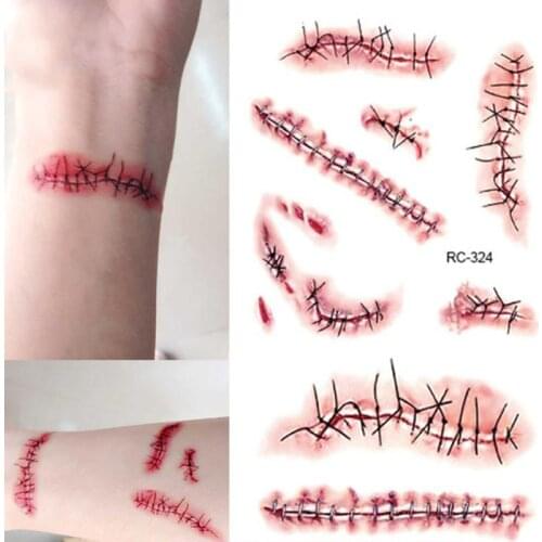 1pcs Temporary Tattoo Sticker Waterproof Halloween Cool Terror Wound Realistic Blood Injury Scars Halloween Props Trick Stitched