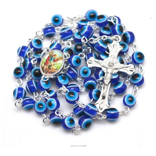 St Michael Rosary Chain Necklace Round Resin Beads Religious Fashion Rosary Necklace