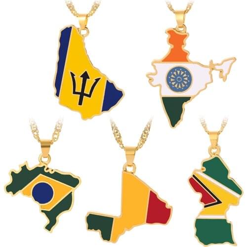 Handmade Country Map Flag Necklace Women India Barbados Guyana Republic of Mali Brazil Pendant Gold Necklace Man Jewelry