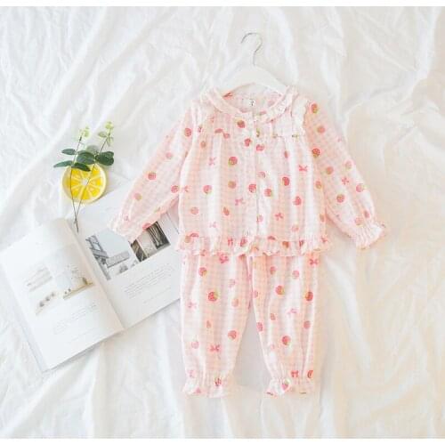 Kids Strawberry Print Pajama Sets 2pcs Long Sleeve Shirt+Long Sleep Pants Baby Girl Sleepwear Suit Girls Sets Home Clothing 2-6Y