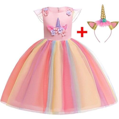 Rainbow Party Flower Unicorn Girl Dress Wedding Ball Gown Kids Mesh Cosplay Formal Dresses Birthday Princess 3-10 Years