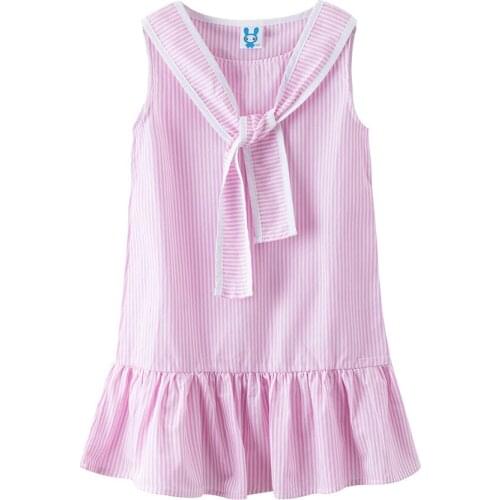 Teen Girls Striped Dress Fashion College Wind Scarf Design Fishtail Hem Stitching Summer Girl Sleeveless Dress Kids Clothes