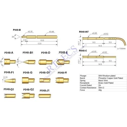 100pcs 0.9 mm Pitch Min Spring Test Probe P048 Bare PCB Testing Pin Gold Plated Length 12.0 mm Socket Receptacle 0.48mm Diameter
