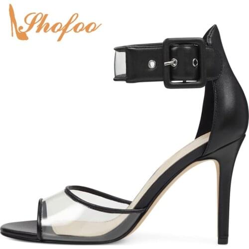 PVC Ankle Strap Stilettos Sandals Buckle Strap Super High Thin Heel Fashion Concise Casual Mature 2021 Summer Plus Size 11 15