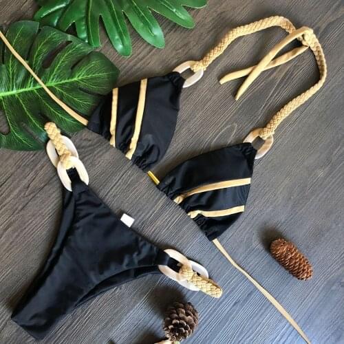 Sexy Bikinis Push Up Solid Splicing Swimsuit Female String Bathing Suit Women Swimwear Biquini 2021 Braided Rope Bikini Set