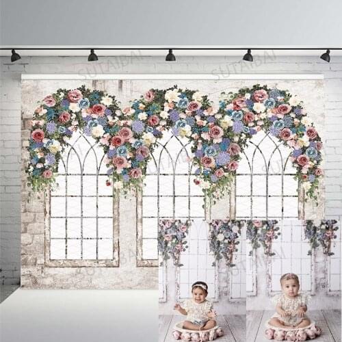 Old Shabby Windows Flower Brick Wall Photo Backdrop Newborns Baby Birthday Cake Smash Party Decor Wedding Photography Background