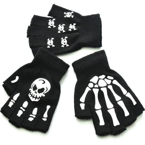 Warm Winter Fingerless Hand Gloves Kids Children Men Women Luminous Halloween Skeleton Ghost Claw Black Elastic Accessories