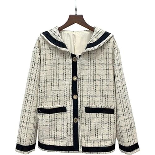PERHAPS U Women Beige Tweed Jacket Sailor Collar Long Sleeve Vintage Button Pocket Coat C0174