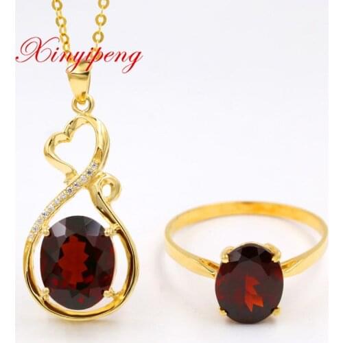 Xin yi peng 18 k yellow gold inlaid natural garnet necklace ring suit, women jewelry, anniversary gift