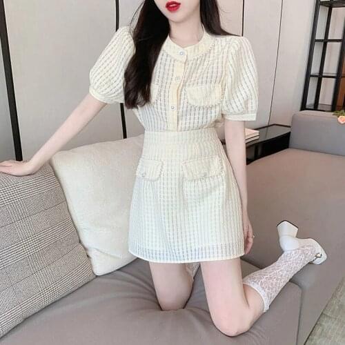 Womens Sweet Suits Little Fragrant Style Blouse + High-Waist A-Line Skirt Summer Two-Piece Sets Fashion