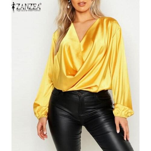 ZANZEA Ladies Office Blouse Fashion Women Formal V Neck OL Tops Spring Long Puff Sleeve Blusas Plain Elegant Draped Shirts